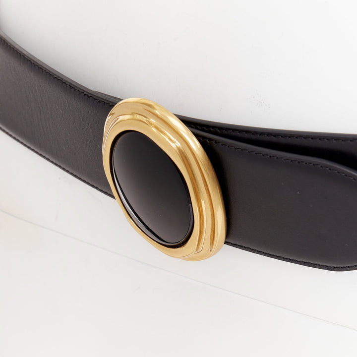 SAINT LAURENT 2021 Cabochon Wide Belt gold oval buckle  black leather belt 65cm