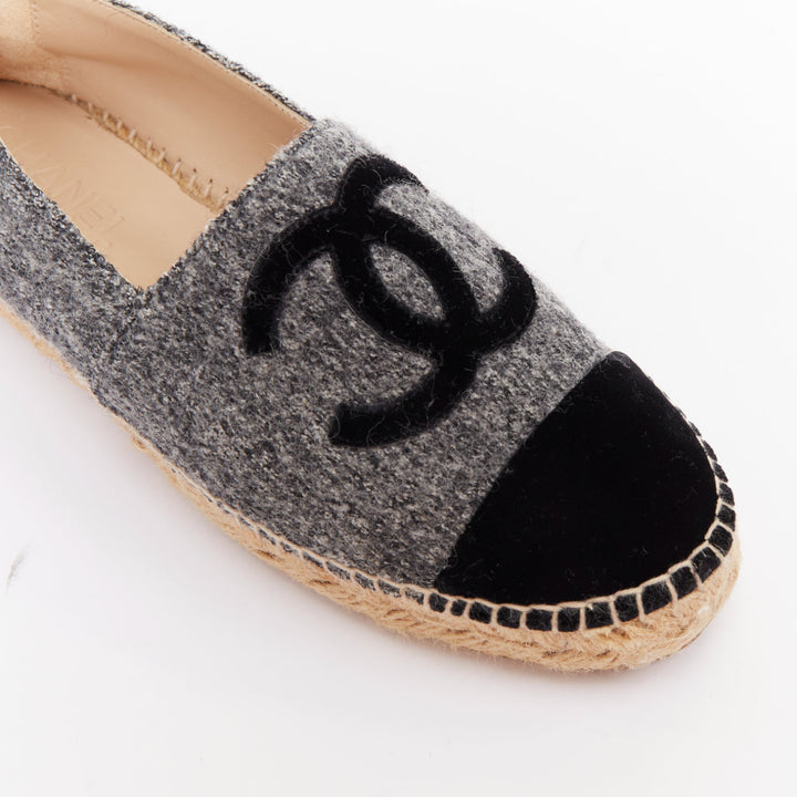 CHANEL 2021 grey wool felt black CC velvet applique espadrille flats EU39