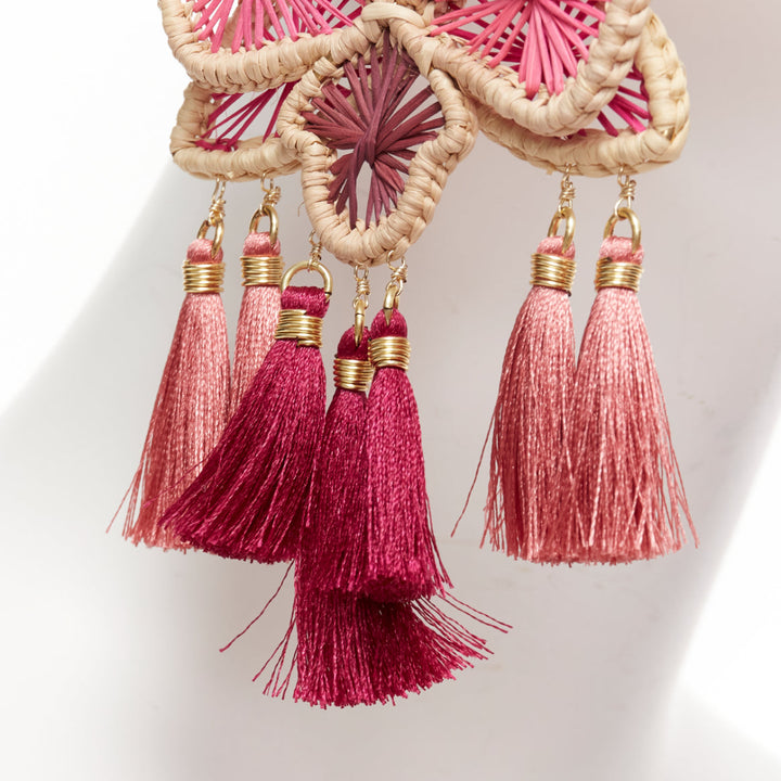 MERCEDES SALAZAR hot pink raffia red tassel dangling clip on earrings Pair