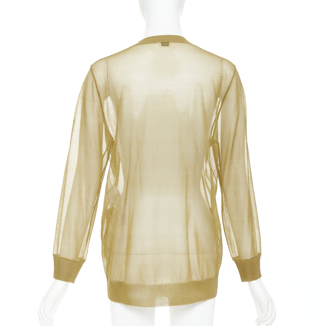 SAINT LAURENT 2024 100% silk  beige gold sheer crew neck cardigan top L