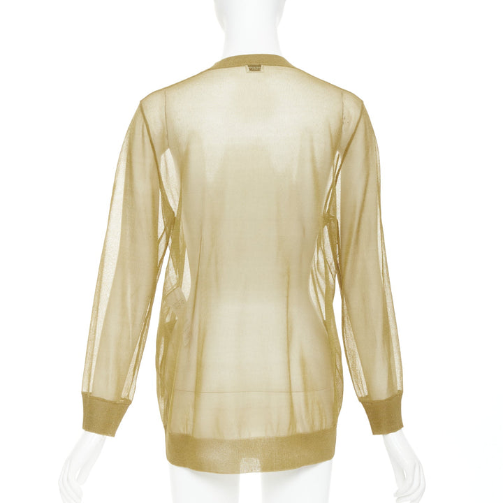 SAINT LAURENT 2024 100% silk  beige gold sheer crew neck cardigan top L