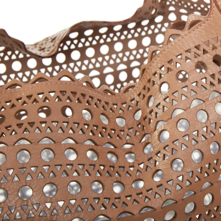 ALAIA Le Mina 32 Sable tan Vienne laser cut openwork calfskin leather tote bag