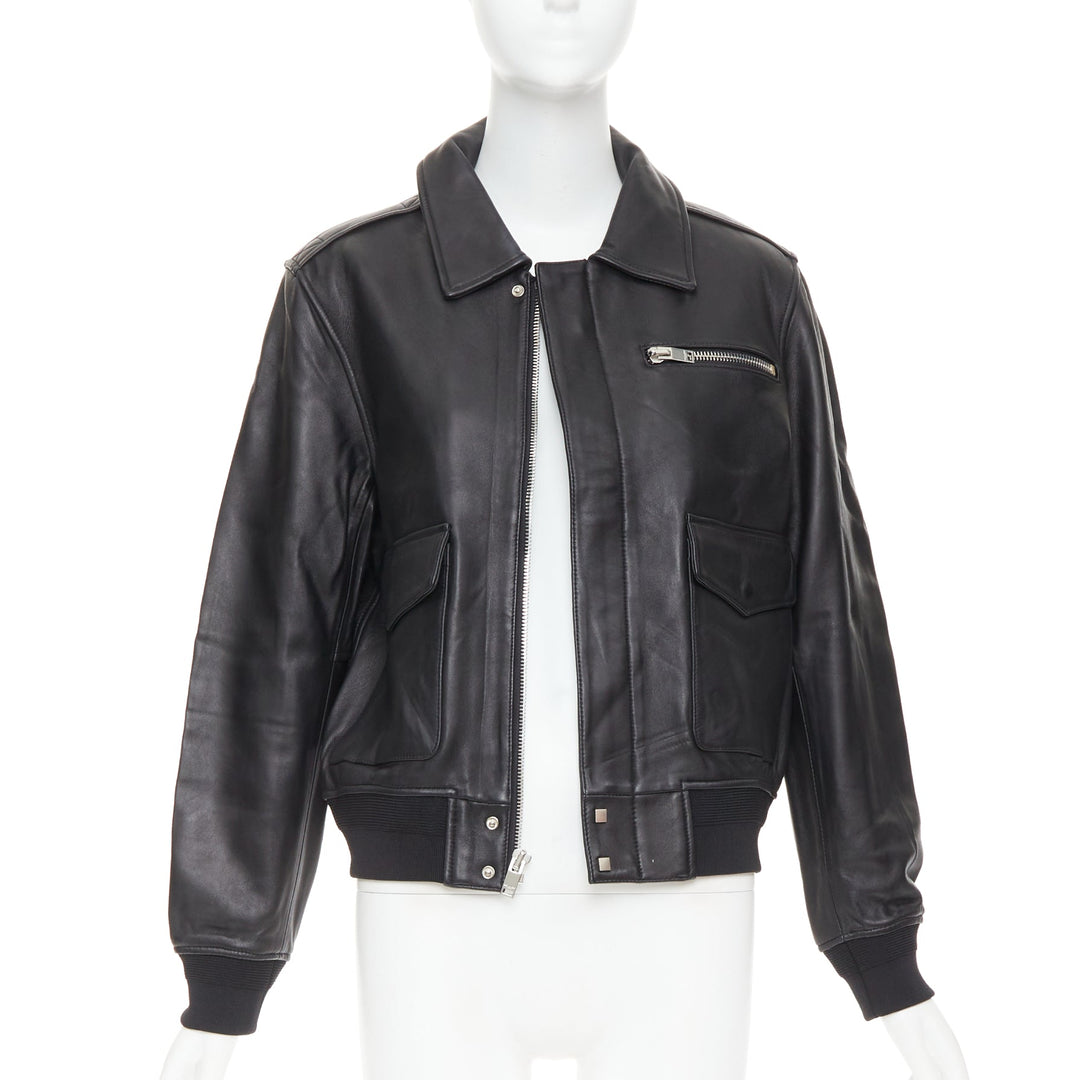 SAINT LAURENT 2020 black sheepskin leather pocketed flight jacket L