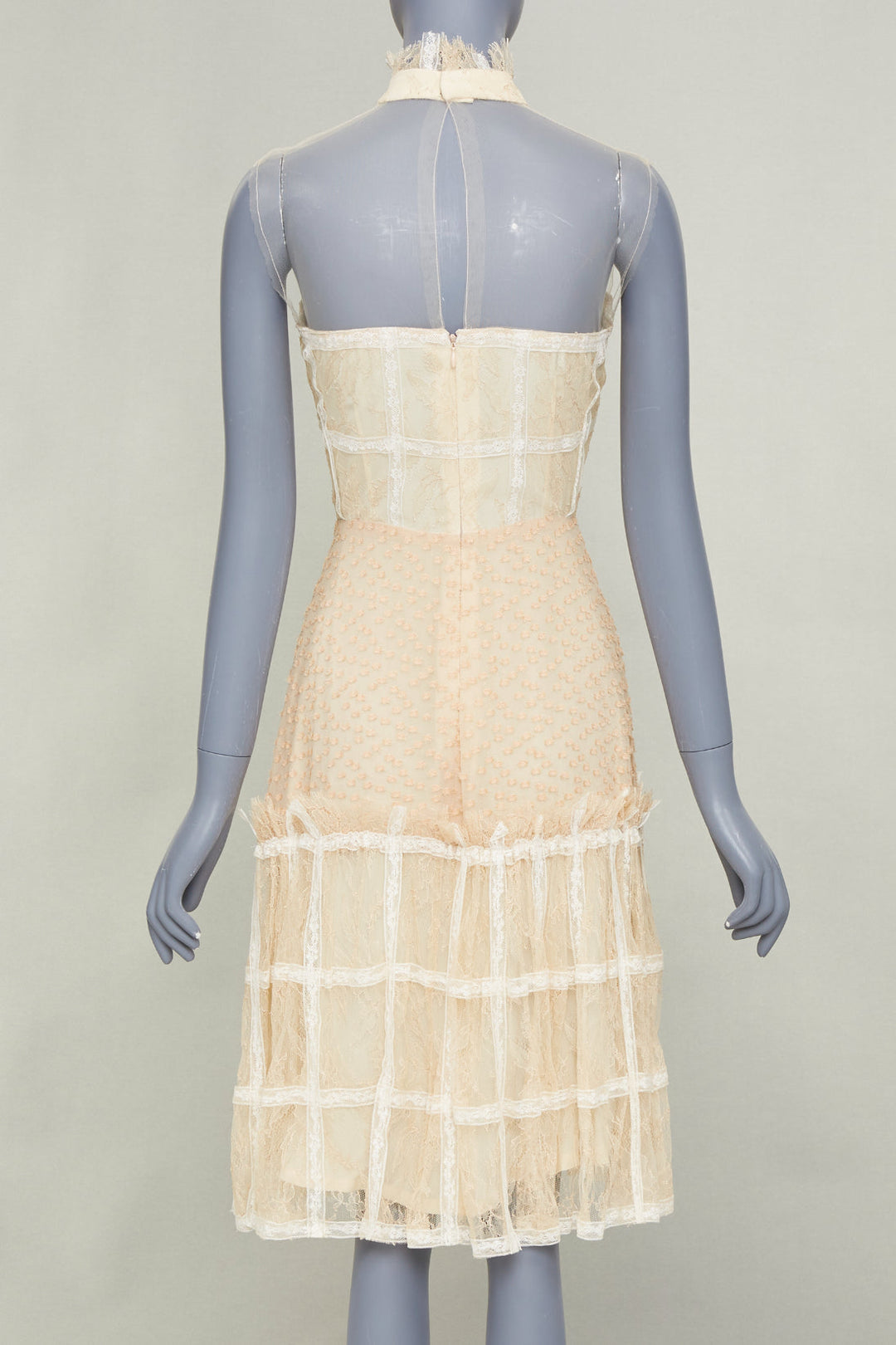 rare RODARTE 2017 halter ruffled panel lace cream beige midi dress US2 XS