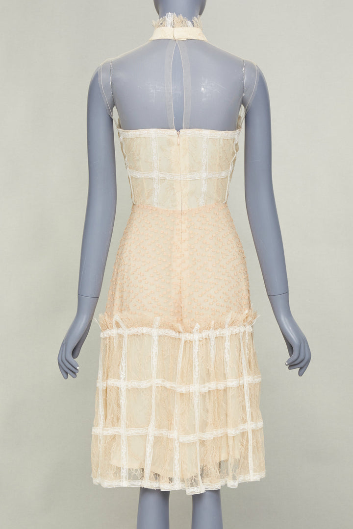 rare RODARTE 2017 halter ruffled panel lace cream beige midi dress US2 XS