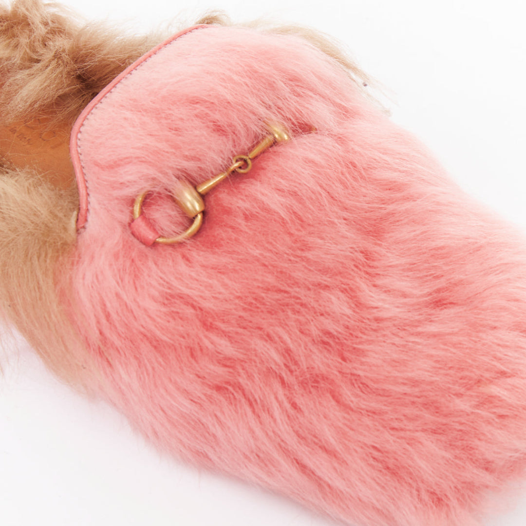 GUCCI Princetown pink brown  fluffy fur gold horsebit slip on loafer mule EU36