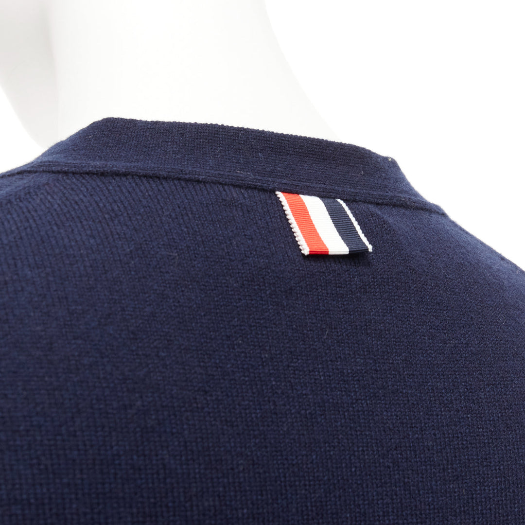 THOM BROWNE 100% cashmere navy white 4 bar stripe button side cardigan IT44 L