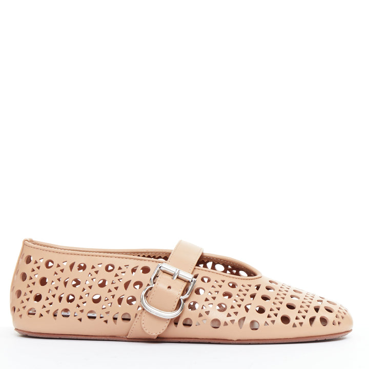 ALAIA Vienne tan leather cut out buckle maryjane ballerina flats EU37