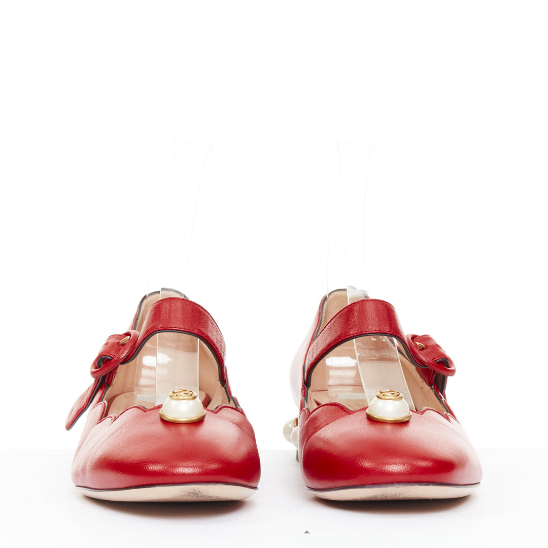 GUCCI Willow red calf leather GG pearl embellished scalloped maryjane shoes EU38