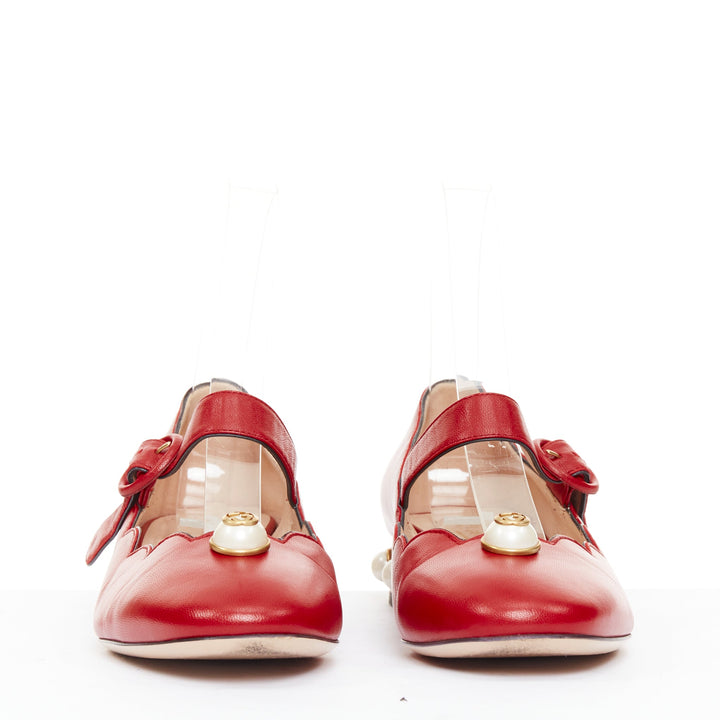 GUCCI Willow red calf leather GG pearl embellished scalloped maryjane shoes EU38