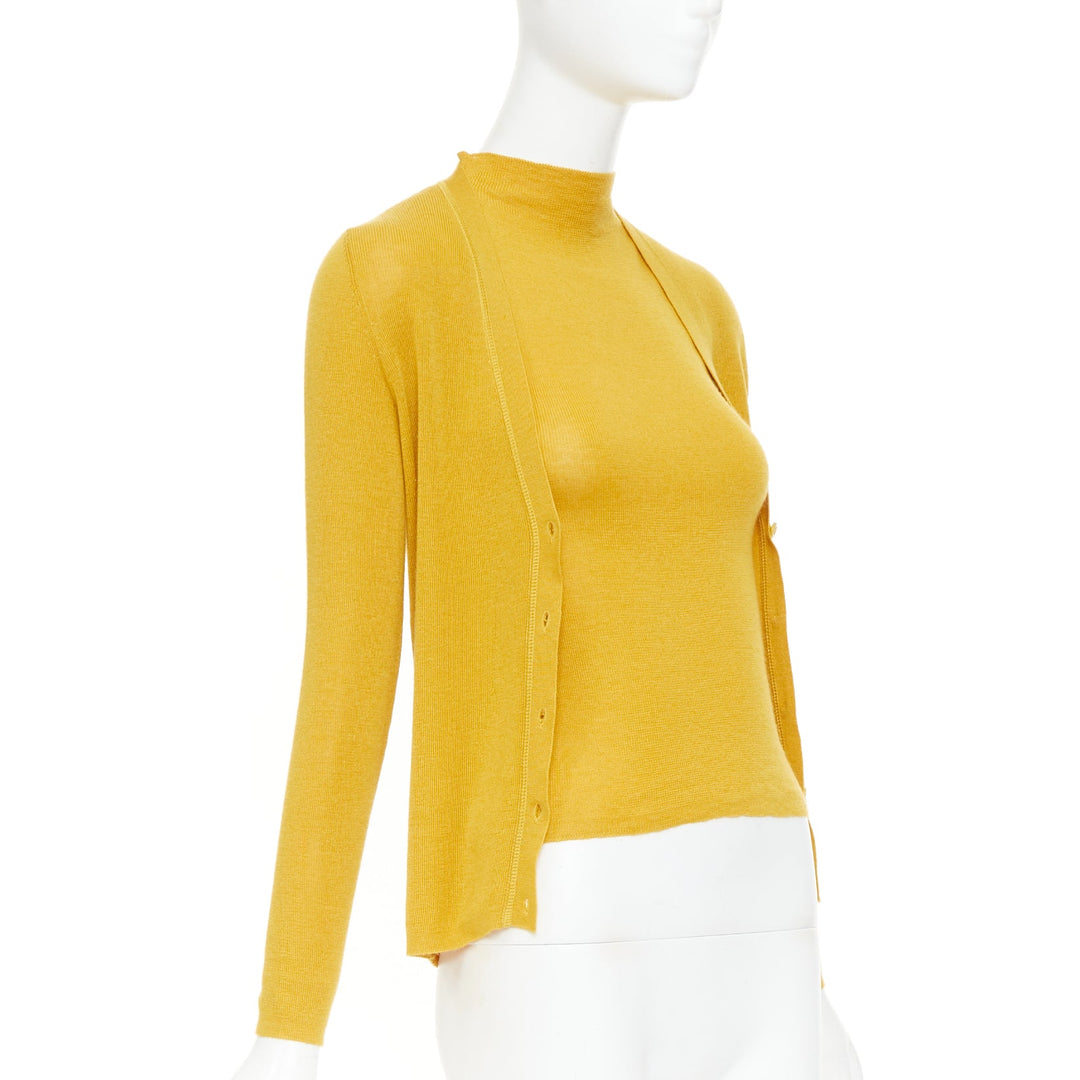 PRADA Vintage  yellow cashmere silk high neck vest cardigan sweater set IT42 M