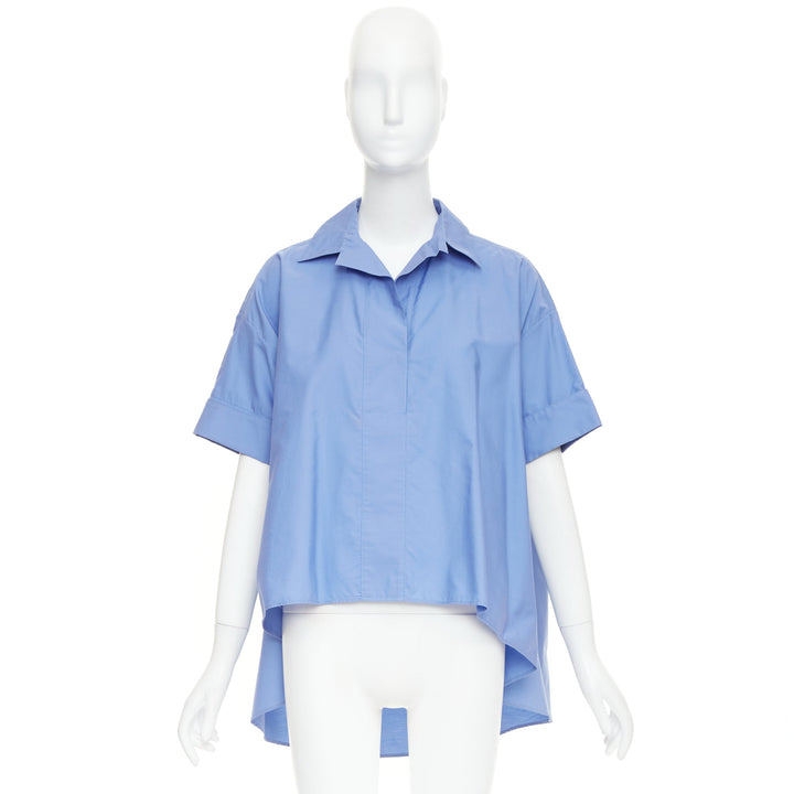LANVIN sky blue cotton poplin high low collared half sleeve cropped shirt FR36 S