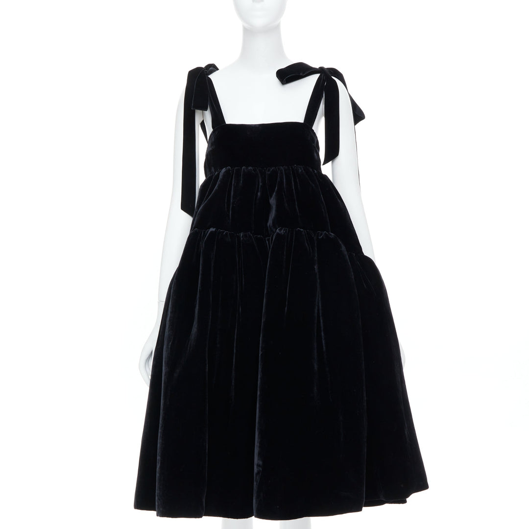 CECILIE BAHNSEN 2018 Runway Bey black velvet tiered tie shoulder dress UK8 S