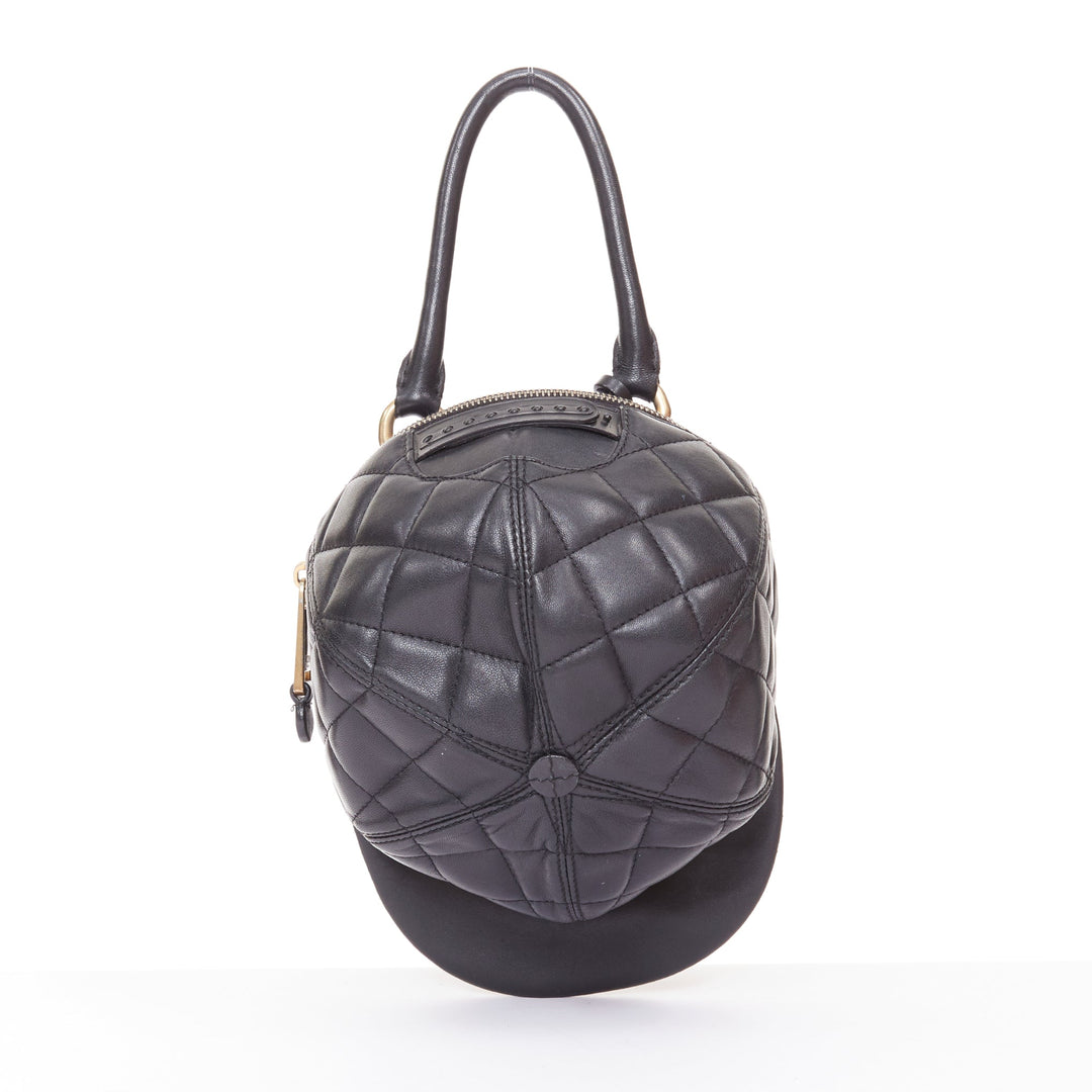 MOSCHINO Jeremy Scott black diamond quilted leather gold logo baseball cap bag
