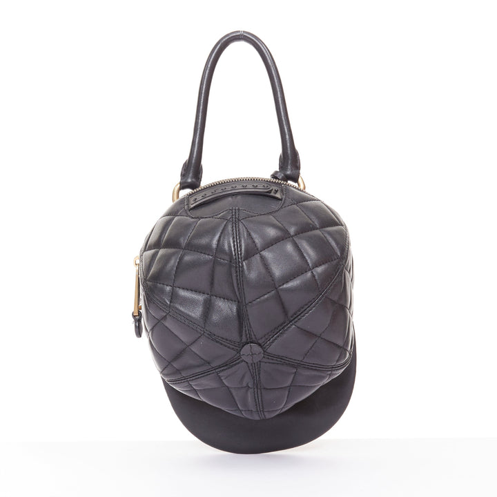 MOSCHINO Jeremy Scott black diamond quilted leather gold logo baseball cap bag