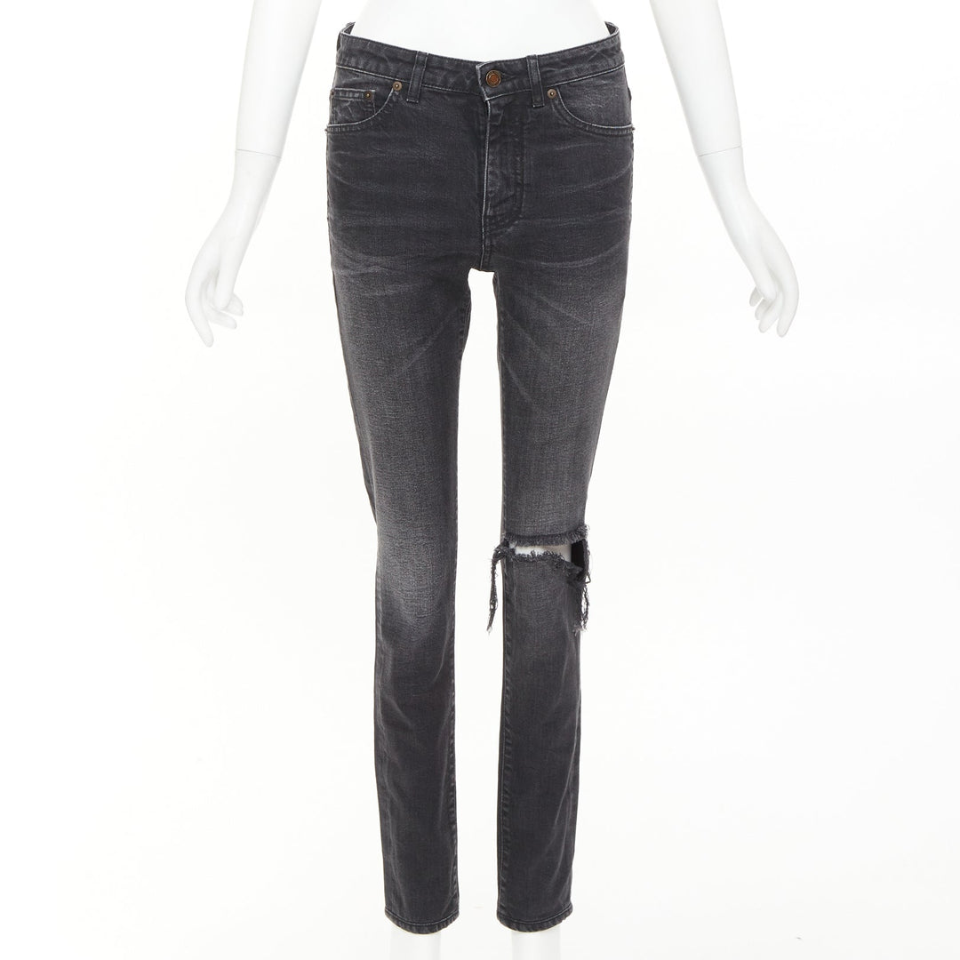 SAINT LAURENT D06 grey washed denim mid waist distressed skinny jeans 26"