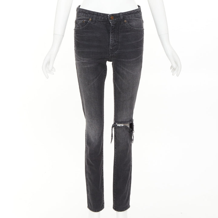 SAINT LAURENT D06 grey washed denim mid waist distressed skinny jeans 26"