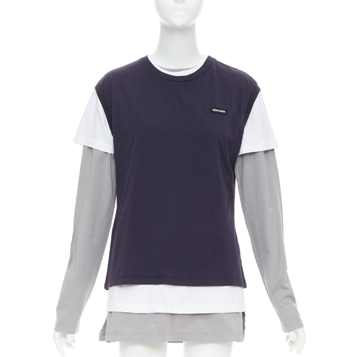MIU MIU 2024 Set of 3 navy white grey cotton logo jersey layering tshirt M
