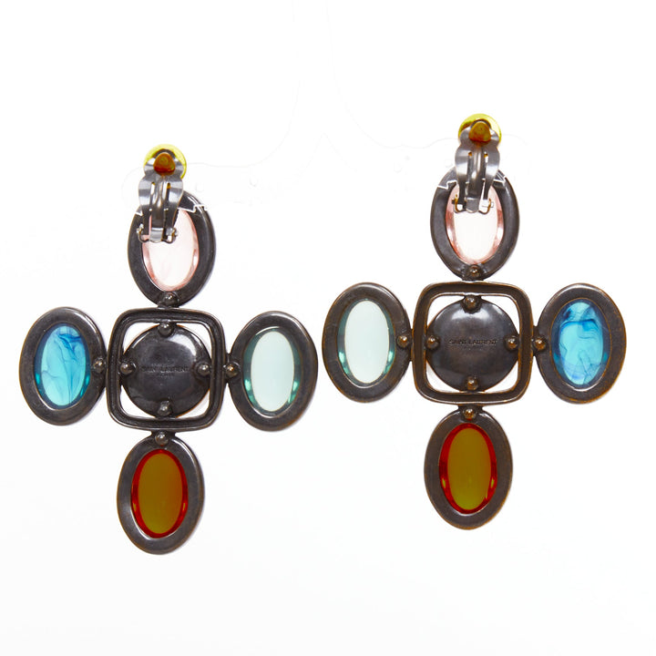 rare SAINT LAURENT Runway Resin Cabochon Cross aged bronze clip earrings Pair