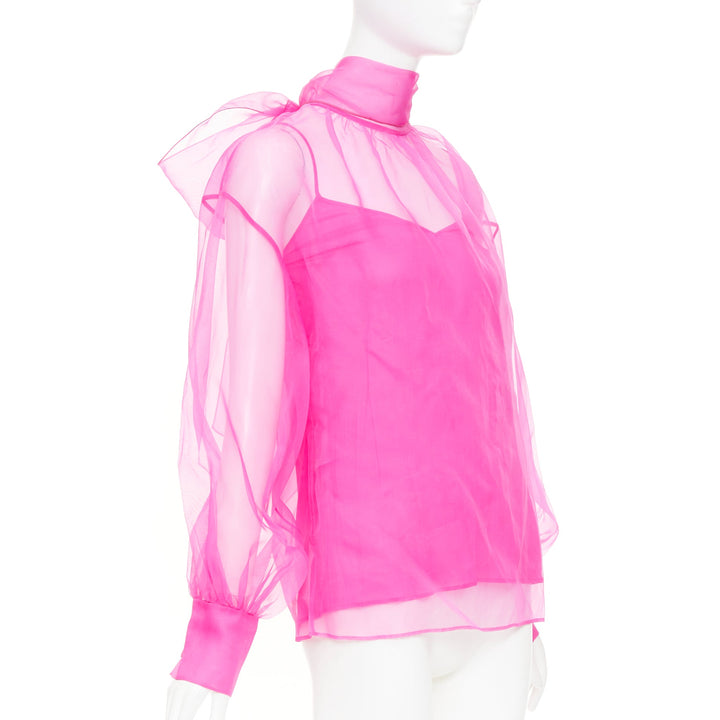VALENTINO 2022 Runway Pink PP high neck sheer silk organza blouse shirt IT36 XXS
