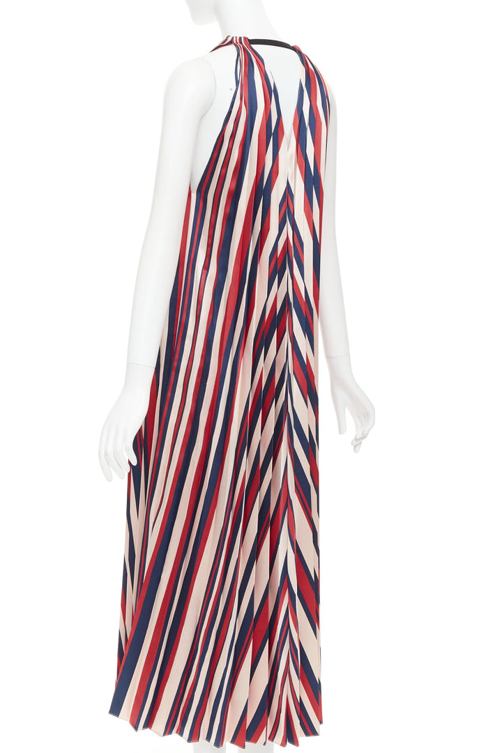 TOME beige red navy chevron print pleated V neck black trim midi dress S