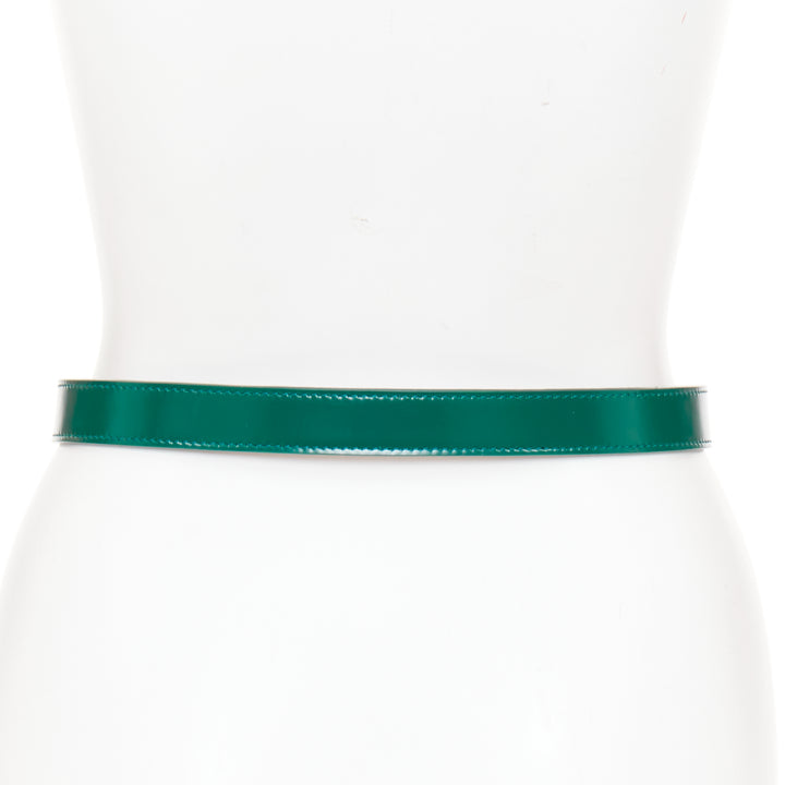 ALAIA green glossy leather silver swirl loop hook buckle skinny belt 75cm