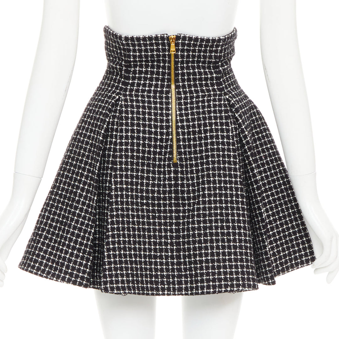 BALMAIN Tulip black white houndstooth cotton tweed flare skater skirt FR34 XS