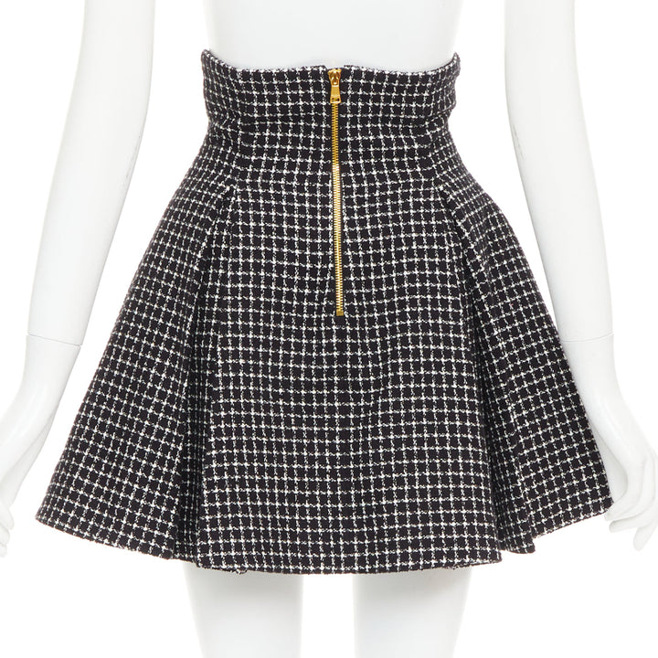 BALMAIN Tulip black white houndstooth cotton tweed flare skater skirt FR34 XS