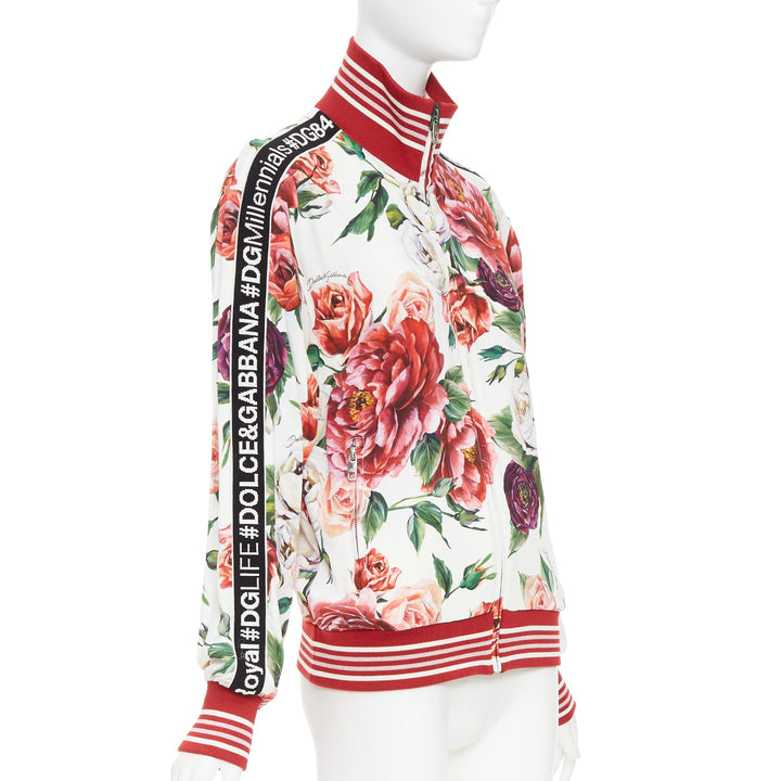 DOLCE GABBANA red rose floral print striped silk track bomber jacket IT36 XXS