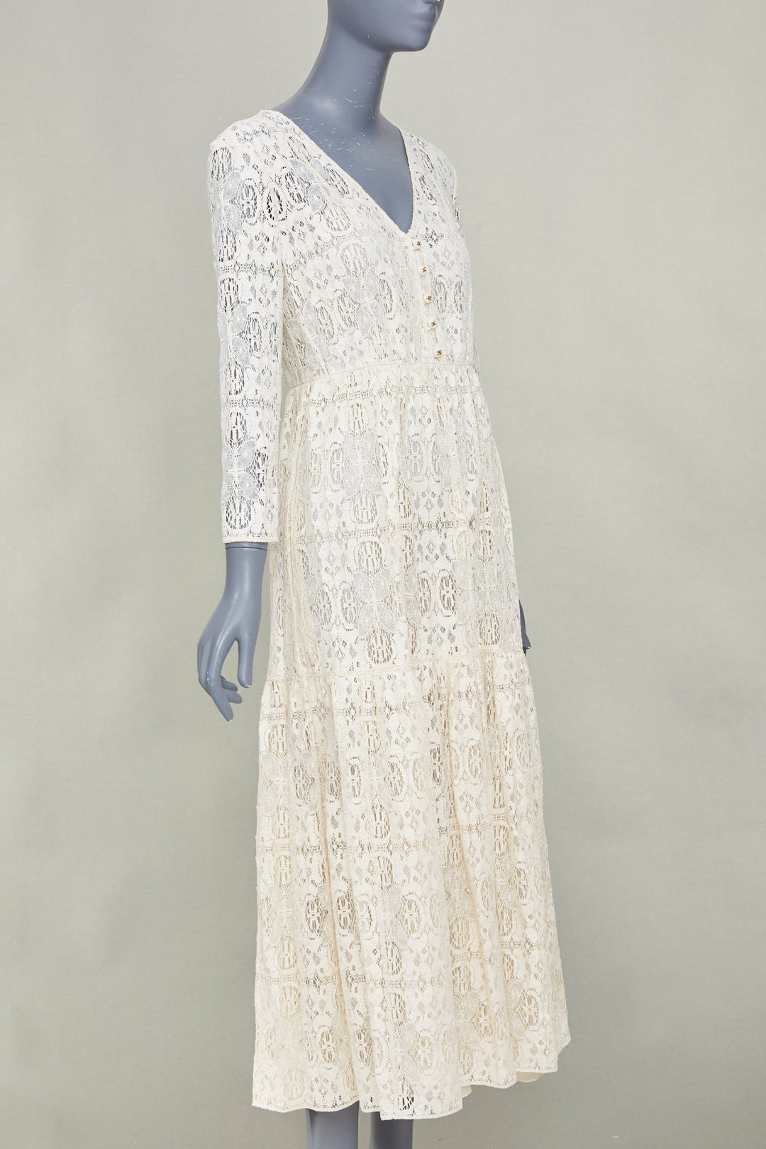 CELINE 2021 Bridal Triomphe button V neck embroidered lace maxi dress FR34 XS
