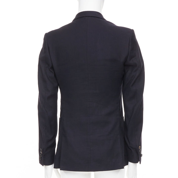 DRIES VAN NOTEN navy black linen cotton patch pocket notch lapel blazer EU46 S