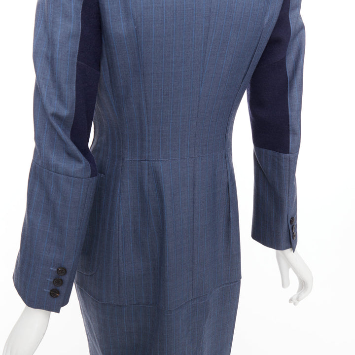 JUNYA WATANABE 2012 Runway blue wool pinstriped tromp loeil seam long coat S