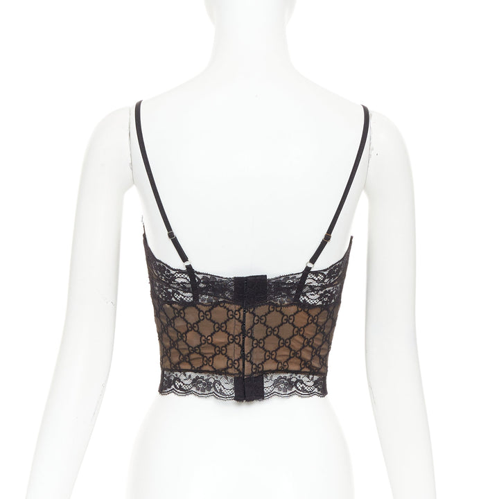 GUCCI 2023 Runway GG monogram stretch lace cropped cami top XS