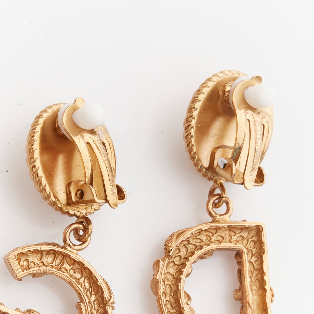 rare DOLCE GABBANA gold tone DG logo baroque pearl tiered drop clip earrings