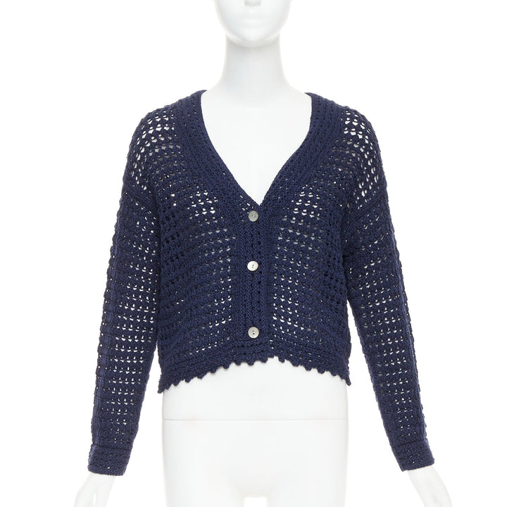 VINCE navy organic cotton crochet open knit scalloped cropped cardigan S
