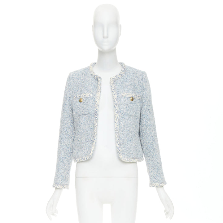 CELINE 2023 baby blue white wool cotton boucle tweed trim jacket FR36 S
