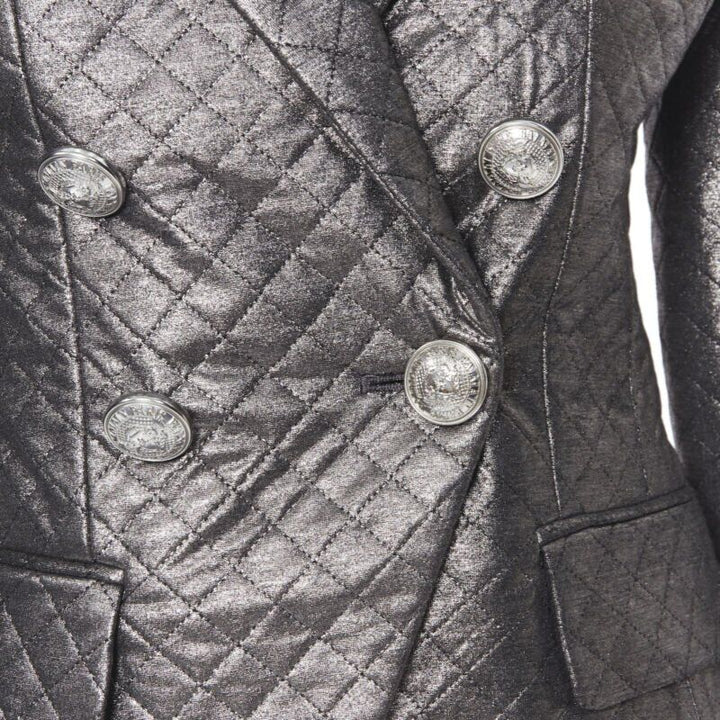 BALMAIN gunmetal silver quilted military double breasted blazer jacket FR36