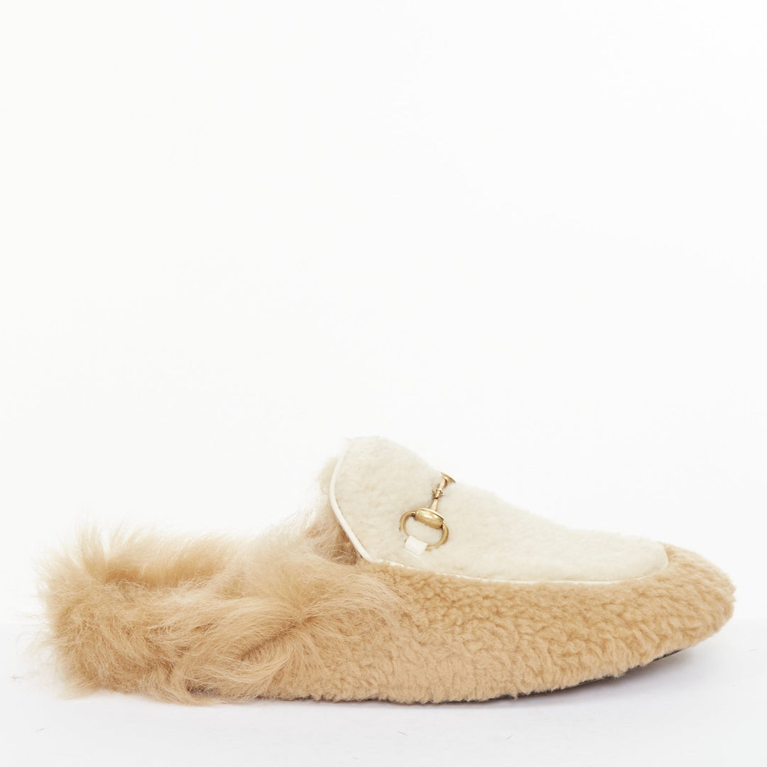GUCCI Princetown beige shearling horsebit backless loafer mules EU37