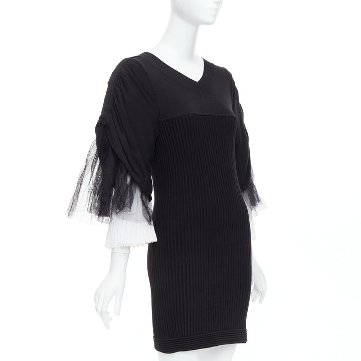 CHANEL 09P Runway Vintage black cream cotton puff tulle sleeve dress FR38 M