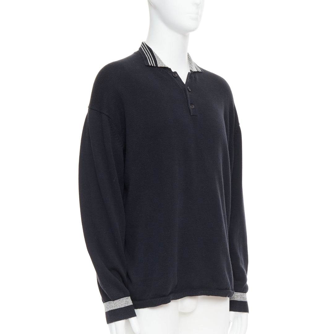 YOHJI YAMAMOTO black white cotton ribbed trim long sleeve polo shirt M