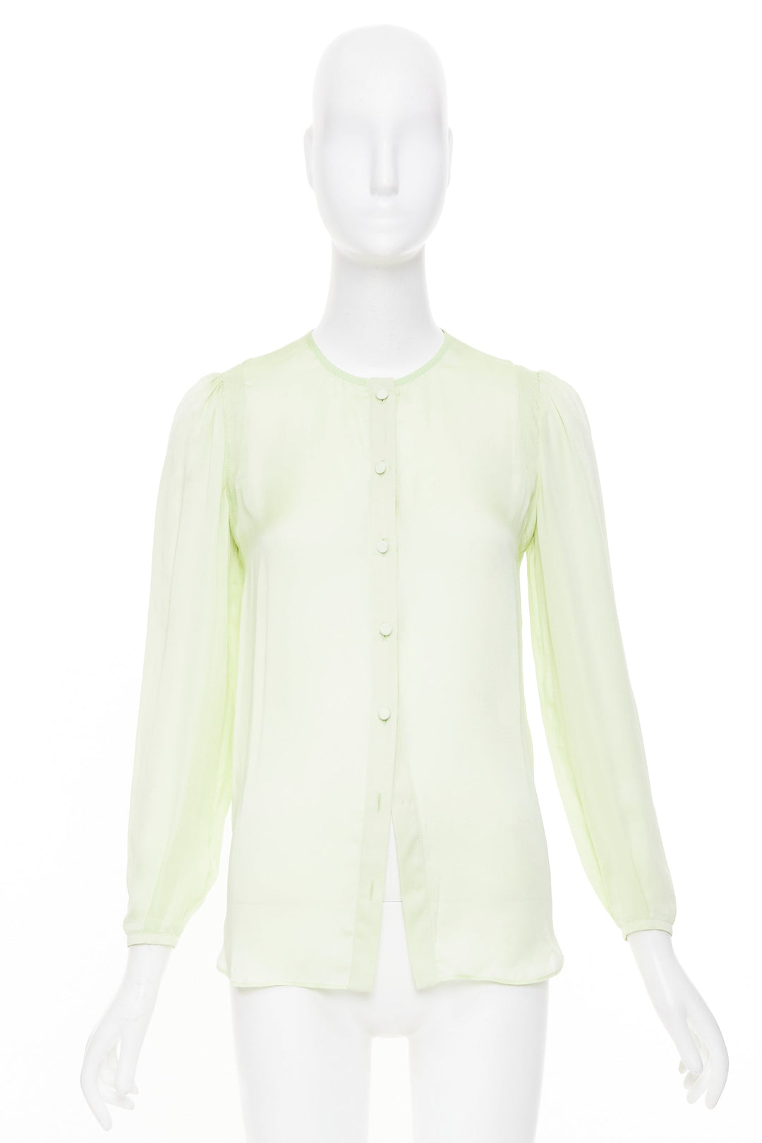 GIVENCHY pale lime green collarless covered button gathered silk blouse FR34 XS