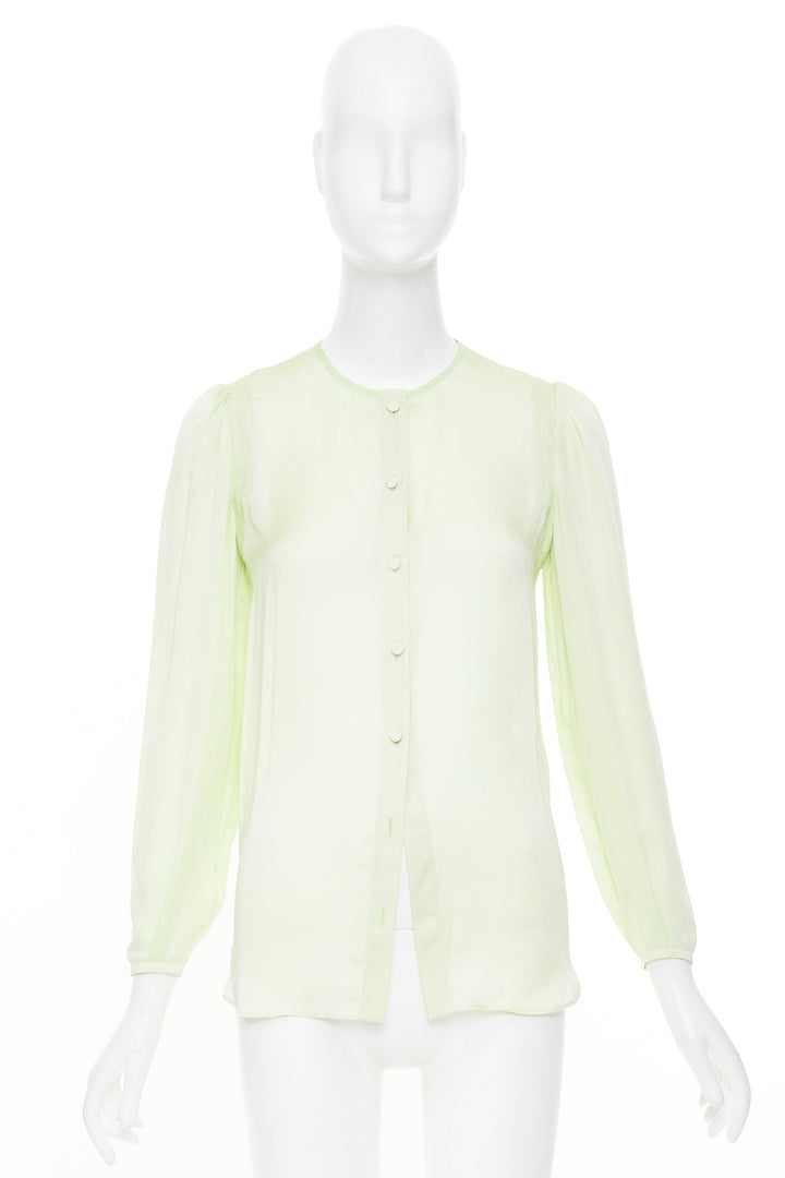 GIVENCHY pale lime green collarless covered button gathered silk blouse FR34 XS