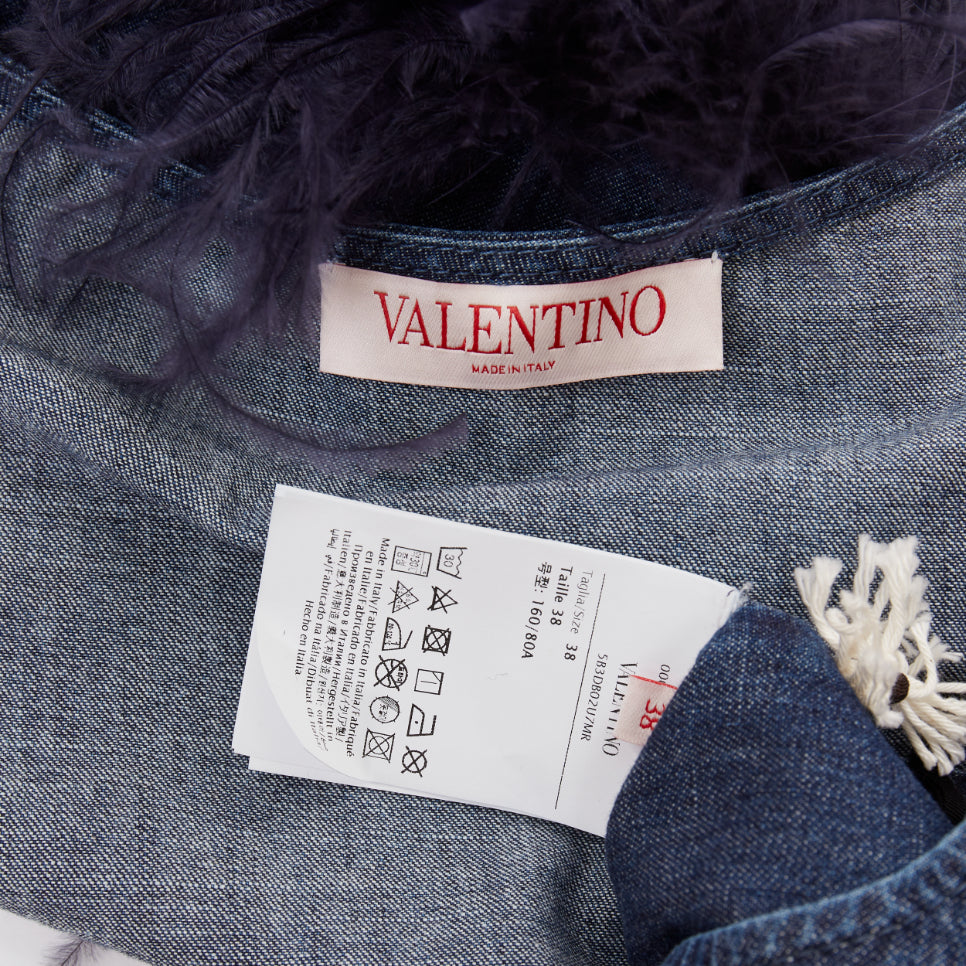 VALENTINO 2023 VGold blue denim purple turkey feather trimmed crop top IT38 XS