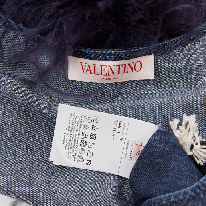 VALENTINO 2023 VGold blue denim purple turkey feather trimmed crop top IT38 XS