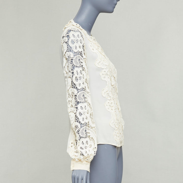 OSCAR DE LA RENTA cream 100% silk floral lace appliqu‚àö¬© peasant blouse US2 S