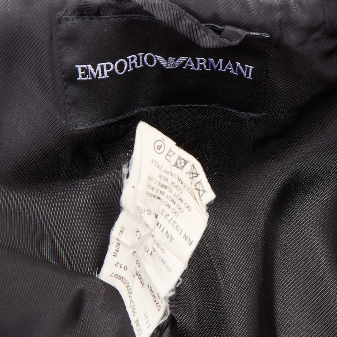 EMPORIO ARMANI grey virgin wool fur trim totem applique crop blazer IT42 M