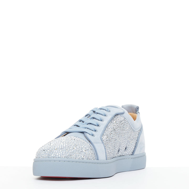 CHRISTIAN LOUBOUTIN Louis Junior Strass Flat Zinc Blue crystal sneaker EU43.5