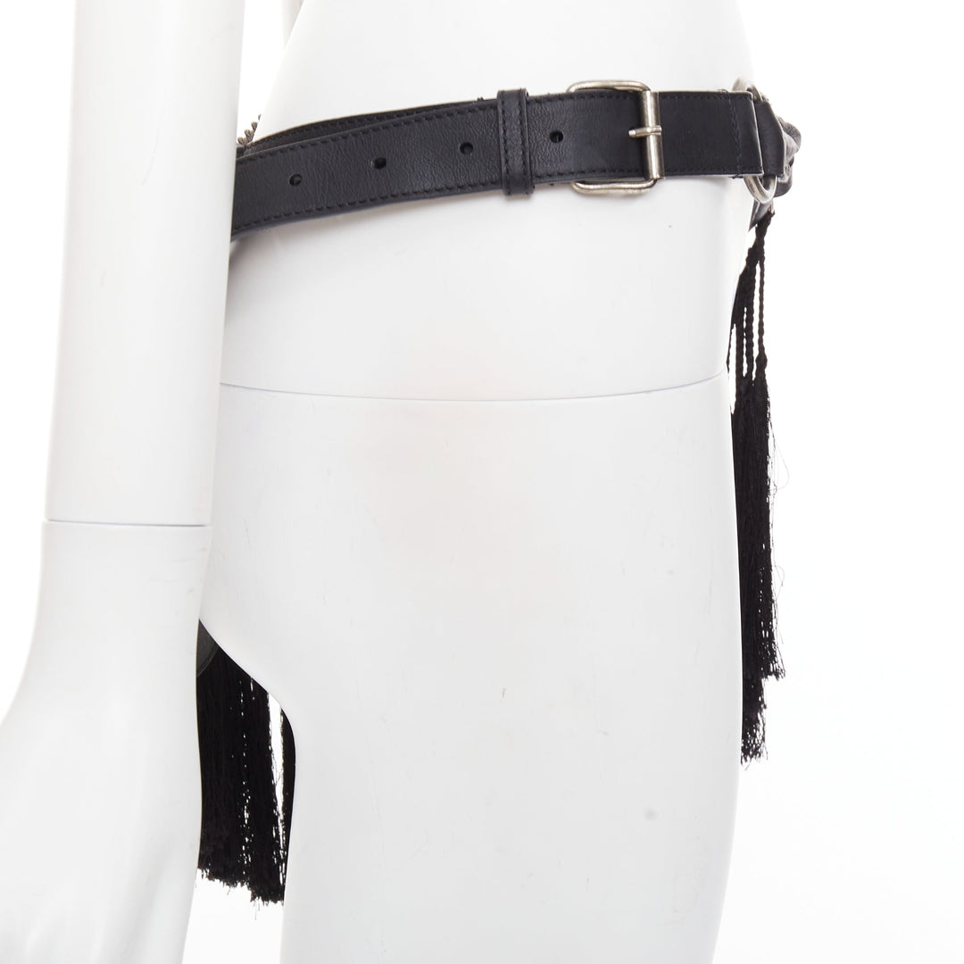 rare ANN DEMEULEMEESTER Vintage black leather macrame fringe small pouch belt