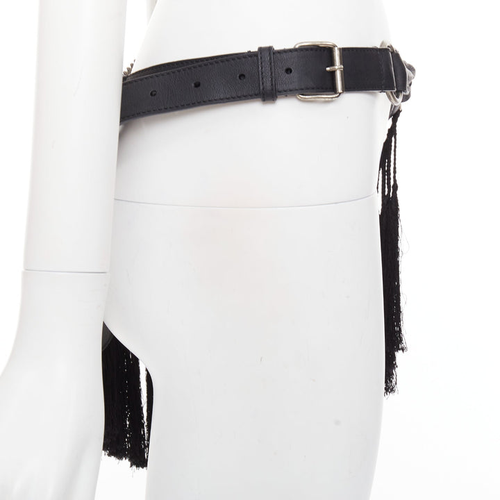 rare ANN DEMEULEMEESTER Vintage black leather macrame fringe small pouch belt