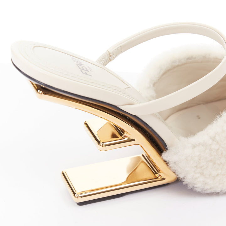 FENDI 2021 Runway First cream shearling gold F heel mule sandals EU35